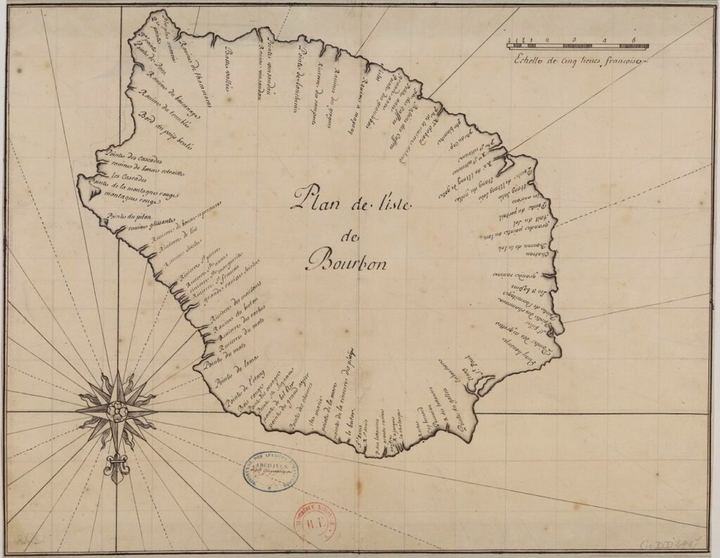 Bibliothèque nationale de France, document numérique, IFN-8595768, Plan de l’isle de Bourbon, [17e siècle], carte manuscrite, 38,5 × 49 cm, présence d’une rose des vents, image cartographique sans médiation, reproduite d’après l’original de la Bibliothèque nationale de France, site Richelieu, GE DD-2987 (8421), consultable en ligne sur Gallica.