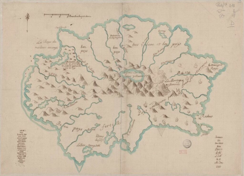 Bibliothèque nationale de France, document numérique, IFN-53105348, Isle Bourbon, par Étienne de Flacourt (1607–1660), 1653, carte manuscrite en couleur, 49 × 67,5 cm, échelle : 3 lieues [= 7 cm], avec dédicaces manuscrites à Louis XIV et Jean III du Portugal, titre au verso : « Isle Bourbon par le Sieur de Flacours 1653 », image cartographique sans médiation, reproduite d’après l’original de la Bibliothèque nationale de France, site Richelieu, GE SH 18 PF 218 DIV 2 P 1 D, consultable en ligne sur Gallica.