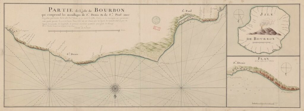 Bibliothèque nationale de France, document numérique, IFN-53105249, Partie de l'Isle de Bourbon qui comprend les mouillages de St. Denis & de St. Paul avec un plan particulier de la rade de St. Denis et un autre de l'Isle Entière, ou la montagne est représentée telle quelle paroist de 9 à 10 lieues dans l'Est, elle est située par 21 degrés de latitude Sud et par 16 degrés 30 minutes de longitude, le premier méridien passant par l'isle de Tenerif, carte manuscrite en couleur attribuée à Antoine Boucher (1680–1725), [18e siècle], 33,5 × 89 cm. Trois plans : mouillages de Saint-Denis et Saint-Paul, plan particulier de la rade de Saint-Denis, et vue en perspective de l’île avec représentation du volcan. Échelle principale : 3 lieues [= 21 cm]. Image cartographique sans médiation, reproduite d’après l’original de la Bibliothèque nationale de France, site Richelieu, GE SH 18 PF 218 DIV 3 P 2/2, consultable en ligne sur Gallica.