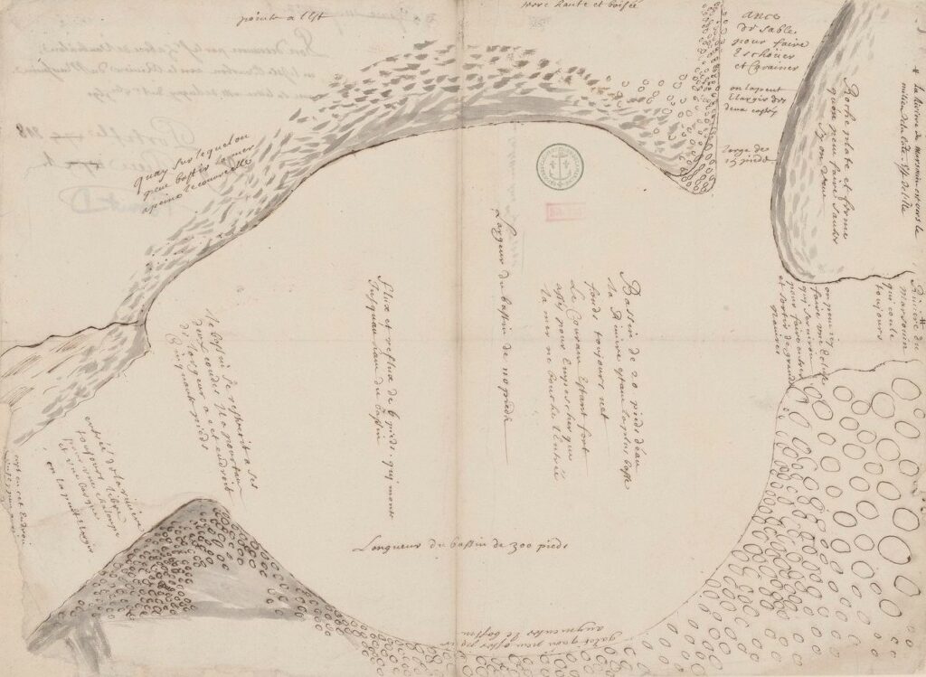 Bibliothèque nationale de France, document numérique, IFN-53105380, Port découvert par le Sr Habert de Vauboulon en l'Isle Bourbon vers la rivière du Marsouin..., 1690, plan manuscrit, 46,5 × 34 cm, note manuscrite au verso : « Avec sa lettre à Monsieur [Dehargny] du 1er octobre 1690 », image cartographique sans médiation, reproduite d’après l’original de la Bibliothèque nationale de France, site Richelieu, GE SH 18 PF 218 DIV 9 P 1 D, consultable en ligne sur Gallica.