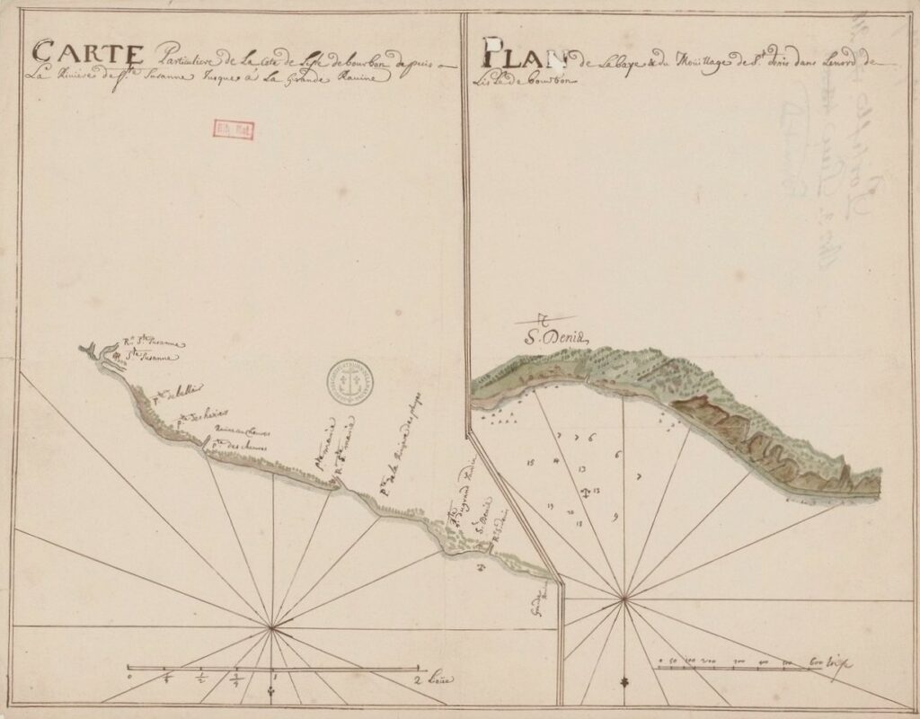 Bibliothèque nationale de France, document numérique, IFN-53105366, Carte particulière de la côte de l’Isle de Bourbon depuis la rivière de Ste. Suzanne jusque à la Grande Ravine ; Plan de la baie et du mouillage de St. Denis dans le nord de l’Isle de Bourbon, [17e ou 18e siècle], document cartographique manuscrit en couleur, 36,5 × 47 cm, échelles : 2 lieues [= 14,5 cm] et 600 toises [= 8 cm], orienté au sud, image cartographique sans médiation, reproduite d’après l’original de la Bibliothèque nationale de France, site Richelieu, GE SH 18 PF 218 DIV 3 P 1 D, consultable en ligne sur Gallica.