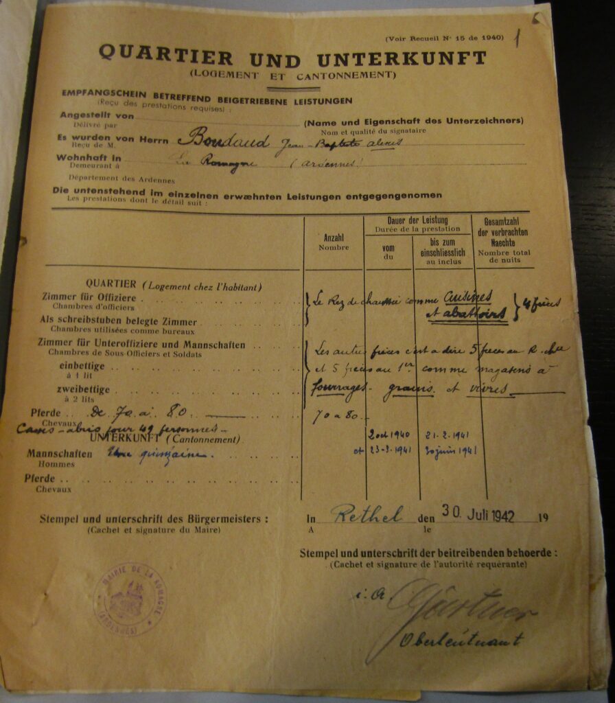 Logement et cantonnement. Cf. archives départementales des Ardennes, 147W 322 La Romagne (Ardennes) ; monsieur Alexis Boudaud [intitulé] ; Ardennes. Préfecture, 2e division, 3e bureau [producteur] ; 1941-1946 [dates de début et de fin] ; [série W = archives publiques entrées par voie ordinaire postérieures au 10 juillet 1940 (hors état civil, officiers publics et ministériels) ; dossiers individuels, questionnaires d’enquêtes.]