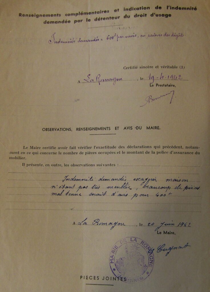 Occupation d'immeubles à l'usage d'habitation par les troupes allemandes. Verso. Observations, renseignements et avis du maire. Cf. archives départementales des Ardennes, 147W 322 La Romagne (Ardennes) ; monsieur Alexis Boudaud [intitulé] ; Ardennes. Préfecture, 2e division, 3e bureau [producteur] ; 1941-1946 [dates de début et de fin] ; [série W = archives publiques entrées par voie ordinaire postérieures au 10 juillet 1940 (hors état civil, officiers publics et ministériels) ; dossiers individuels, questionnaires d’enquêtes.]
