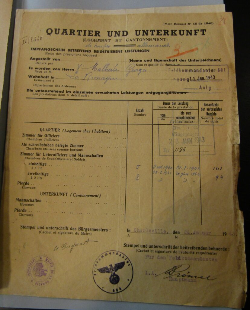 Logement et cantonnement. Cf. archives départementales des Ardennes, 147W 322 La Romagne ; Georges Malherbe [lire madame veuve Georges Malherbe] ; Ardennes. Préfecture, 2e division, 3e bureau [producteur] ; 1941-1946 [dates de début et de fin] ; [série W = archives publiques entrées par voie ordinaire postérieures au 10 juillet 1940 (hors état civil, officiers publics et ministériels) ; dossiers individuels, questionnaires d’enquêtes.]