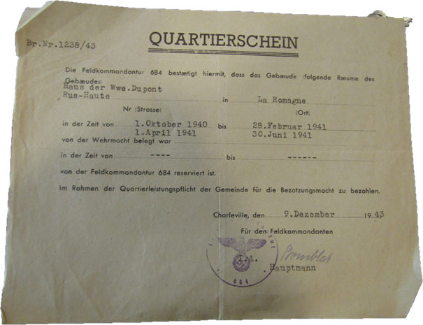 Titre de réquisition délivré à madame veuve Dupont. Cf. archives départementales des Ardennes, 147W 322 La Romagne [série W = archives publiques entrées par voie ordinaire postérieures au 10 juillet 1940 (hors état civil, officiers publics et ministériels) ; dossiers individuels, questionnaires d’enquêtes.]