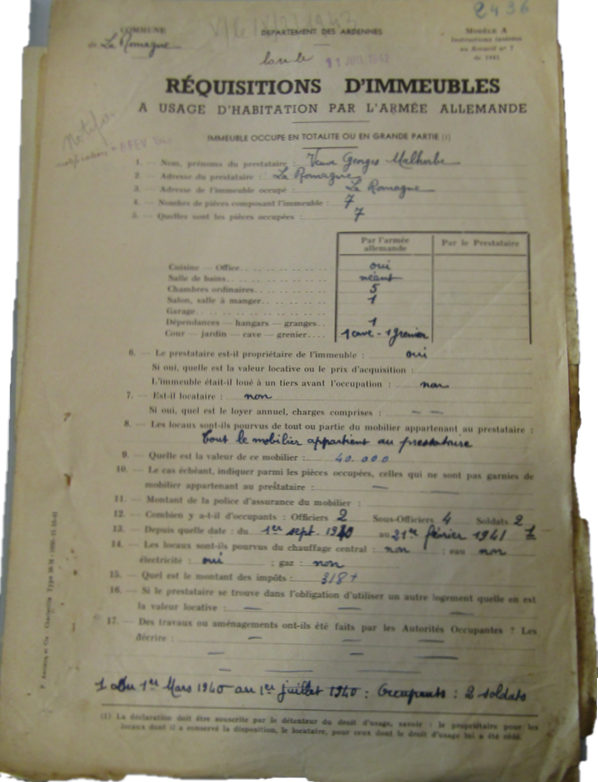 Réquisition d'immeubles à usage d'habitation par l'armée allemande. Cf. archives départementales des Ardennes, 147W 322, La Romagne ; madame veuve Georges Malherbe ; Ardennes. Préfecture, 2e division, 3e bureau [producteur] ; 1941-1946 [dates de début et de fin] ; [série W = archives publiques entrées par voie ordinaire postérieures au 10 juillet 1940 (hors état civil, officiers publics et ministériels) ; dossiers individuels, questionnaires d’enquêtes.]