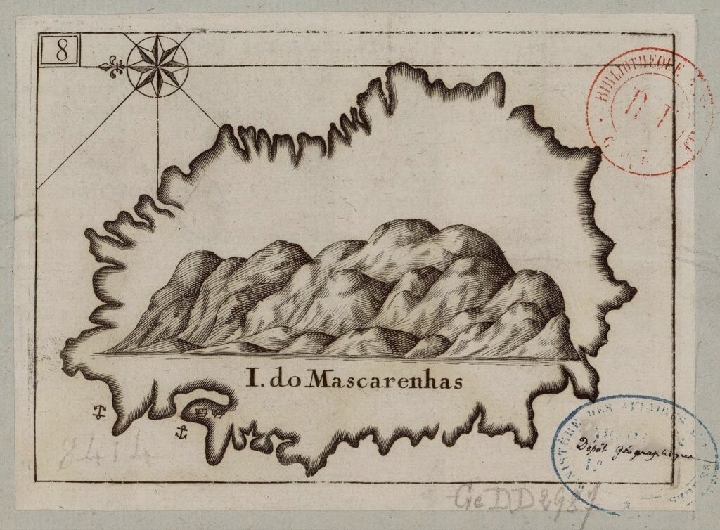 Bibliothèque nationale de France, document numérique, IFN-8595761, I. do Mascarenhas, [16e siècle], carte imprimée, 11,5 × 16 cm, pagination : 8, image cartographique sans médiation, reproduite d’après l’original de la Bibliothèque nationale de France, site Richelieu, GE DD-2987 (8414), consultable en ligne sur Gallica.