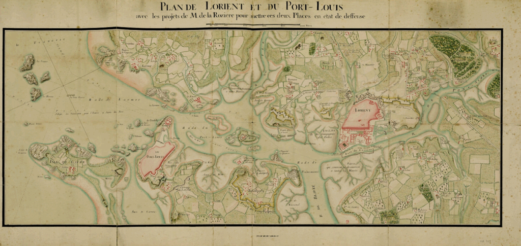 Institut national d'histoire de l'art, document numérique, NUM OA 349, Projet architectural de Lorient & Port-Louis attribué à La Rozière, 18ᵉ siècle, planche à la plume, encre noire et aquarelle, 48 × 102 cm, au verso : inscription au crayon indiquant la cote, image cartographique, reproduite d’après l’original de l’Institut national d'histoire de l'art, OA 349, numérisation effectuée en 2006, notice descriptive consultable en ligne.