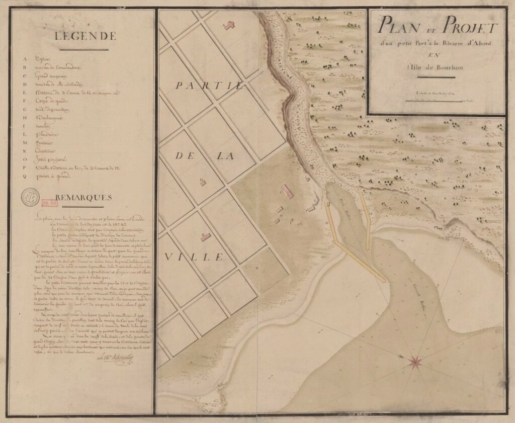 Bibliothèque nationale de France, document numérique, IFN-53105384, Plan et projet d’un petit port à la Rivière d’Abord en l’Isle de Bourbon, par le chevalier de Tromelin, [18e siècle], plan manuscrit en couleur, 55 × 66,5 cm, échelle : 100 toises [= 7 cm], avec légende et remarques en carton à gauche, orienté nord-est, image cartographique sans médiation, reproduite d’après l’original de la Bibliothèque nationale de France, site Richelieu, GE SH 18 PF 218 DIV 11 P 3 D, consultable en ligne sur Gallica.