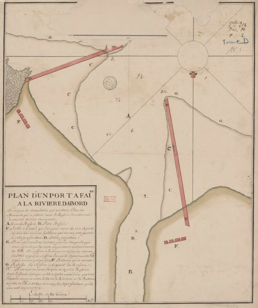 Bibliothèque nationale de France, document numérique, IFN-53105383, Plan d’un port à faire à la Rivière d’Abord, [17ᵉ ou 18ᵉ siècle], carte manuscrite en couleur, 54 × 46,5 cm, échelle : 80 toises [= 13 cm], légende en carton à gauche, orientation sud, image cartographique sans médiation, reproduite d’après l’original de la Bibliothèque nationale de France, site Richelieu, GE SH 18 PF 218 DIV 11 P 2 D, consultable en ligne sur Gallica. [Nota bene : La rivière d’Abord prend naissance sur le territoire de la commune du Tampon (La Réunion) et termine son cours dans l’océan Indien, au niveau de la commune de Saint-Pierre (La Réunion.]
