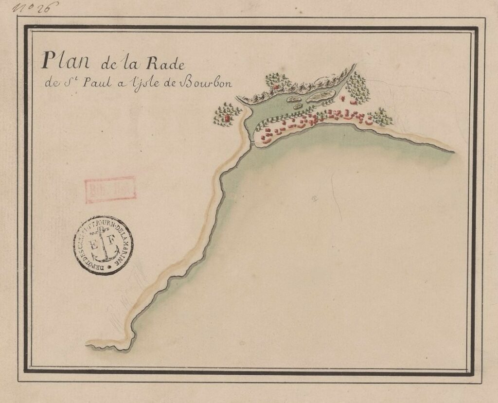 Bibliothèque nationale de France, document numérique, IFN-53105390, Plan de la rade de Saint-Paul à l’Isle de Bourbon, [17ᵉ ou 18ᵉ siècle], plan manuscrit en couleur, 16 × 20 cm, avec mention manuscrite « N° 26 » en haut à gauche, image cartographique sans médiation, reproduite d’après l’original de la Bibliothèque nationale de France, site Richelieu, GE SH 18 PF 218 DIV 13 P 2 D, consultable en ligne sur Gallica.
