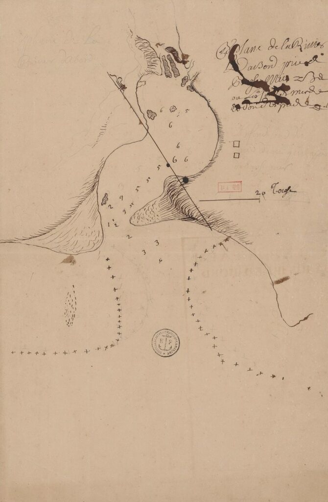 Bibliothèque nationale de France, document numérique, IFN-53105382, Plan de la rivière Dabord, [18ᵉ siècle], plan manuscrit, 42 × 27,5 cm, échelle : 20 toises [= 5 cm], notes manuscrites au verso : « Isle de Bourbon », « Embouchure de la rivière Dabord avec les sondes », image cartographique sans médiation reproduite d’après l’original de la Bibliothèque nationale de France, site Richelieu, GE SH 18 PF 218 DIV 11 P 1 D, consultable en ligne sur Gallica.