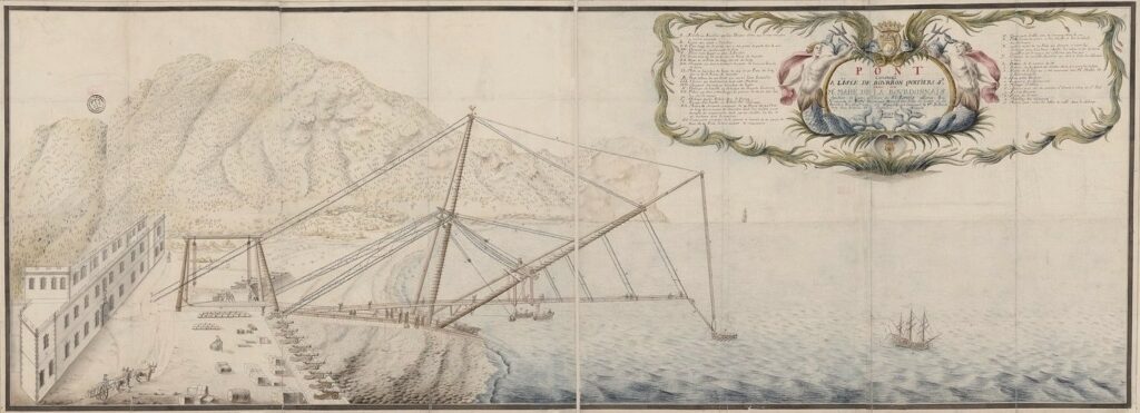 Bibliothèque nationale de France, document numérique, IFN-53105250, Pont construit à l'isle de Bourbon quartiers St. Denis par Mr. Mahé de La Bourdonnais, chevalier de l’ordre militaire de St. Louis, officier des Vaisseaux du Roy, Gouverneur Général des Isles de France et de Bourbon, Présidant aux dits Conseils, commencé le Ier juillet et finy le mois de septembre suivant, 1738, plan manuscrit en couleur, 54,5 × 148,5 cm, cartouche de titre orné de deux tritons, légende détaillant les éléments du pont et les bâtiments alentours à droite et à gauche du cartouche, image cartographique sans médiation reproduite d’après l’original de la Bibliothèque nationale de France, site Richelieu, GE SH 18 PF 218 DIV 8 P 4, consultable en ligne sur Gallica.