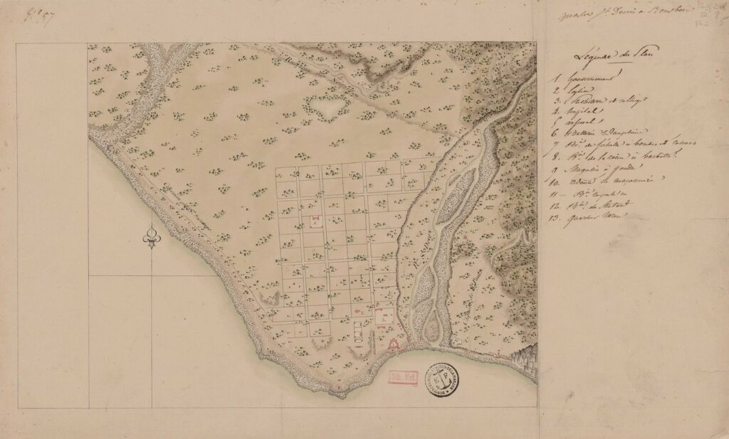 Bibliothèque nationale de France, document numérique, IFN-53105375, Quartier St. Denis à Bourbon, [17ᵉ ou 18ᵉ siècle], carte manuscrite en couleur, 30 × 50 cm, bâtiments légendés à droite, image cartographique sans médiation, reproduite d’après l’original de la Bibliothèque nationale de France, site Richelieu, GE SH 18 PF 218 DIV 8 P 5 D, consultable en ligne sur Gallica.