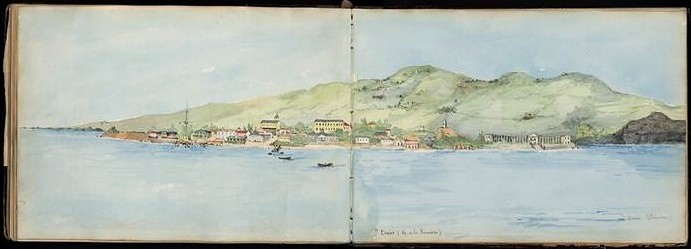 Musée du quai Branly-Jacques Chirac (Paris), document numérique, n° d’inventaire 75.3407.1-60, Armand Léon (1835-1922), Carnet de dessins et d'aquarelles de voyage en Océanie, Guyane et en Terre de Feu, 1861, aquarelle sur papier pleine page, 27,5 × 39 cm, représentant Saint-Denis, île de La Réunion, carnet relié contenant 59 aquarelles, dessins et tirages sur papier albuminé, donateur monsieur Joubert, image reproduite d’après l’original du musée du quai Branly-Jacques Chirac (Paris), numéro d’inventaire PA000361, notice descriptive consultable en ligne.