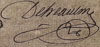 Détail de la signature de Jean Roland Dehaulme. Cf. archives départementales de La Réunion, 3E 41 [série E = état civil, officiers publics et ministériels, sous-série 3E = notaires], acte notarié concernant le partage des biens de Jean Gruchet. Inventaire des biens meubles et immeubles, qui commence par la description d’une couchette à bas piliers en bois de natte à petites feuilles garnie de deux matelas, d’une couverture, et de deux oreillers. [Nota bene : ce document volumineux a été photographié et transmis par monsieur Patrick Jacquemart depuis La Réunion.]