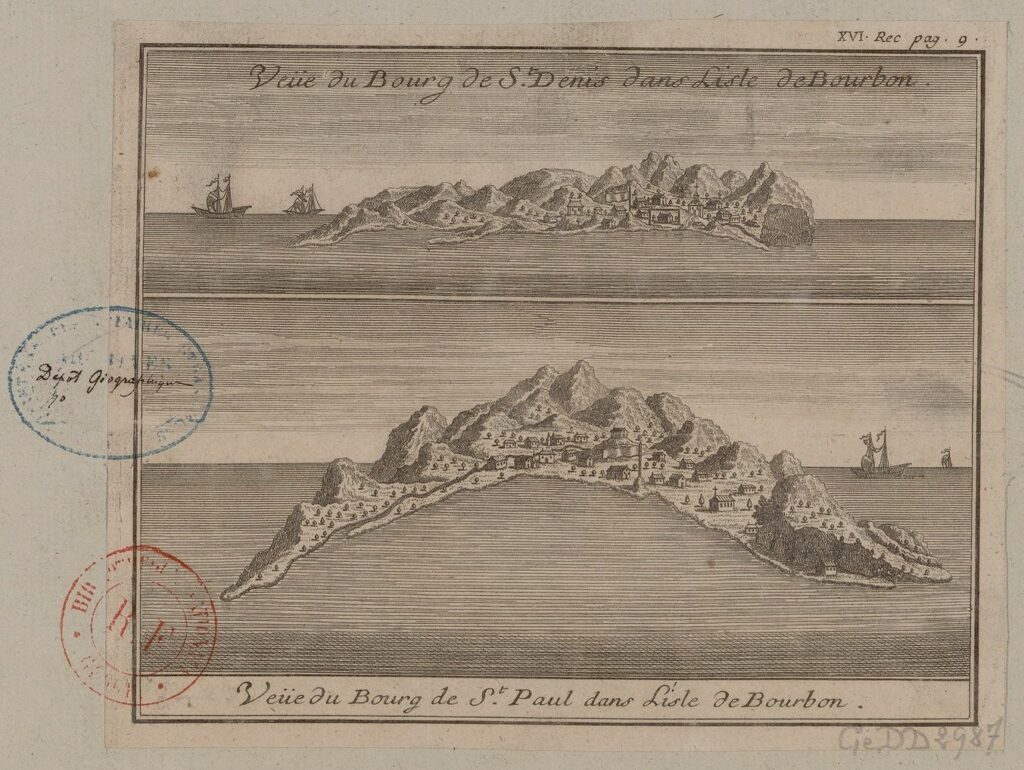 Bibliothèque nationale de France, document numérique, IFN-8595770, Veüe du bourg de St Denis dans l'isle de Bourbon ; Veüe du bourg de St Paul dans l'isle de Bourbon, 2 estampes sans médiation, [S.l.] : [s.n.], [18e siècle]. Format 13,5 x 17 cm. Pagination : XVI Rec, pag. 9., image cartographique sans médiation, reproduite d’après l’original de la Bibliothèque nationale de France, site Richelieu, GE DD-2987 (8423), consultable en ligne sur Gallica.