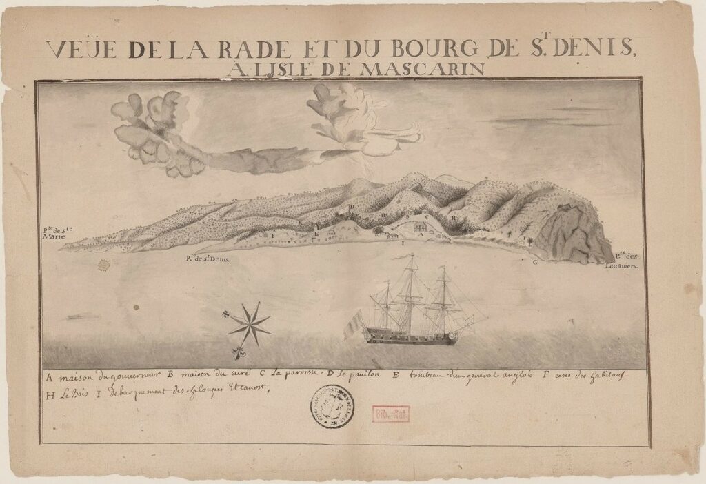 Bibliothèque nationale de France, document numérique, IFN-53105372, Veue de la Rade et du bourg de St. Denis à l’Isle de Mascarin, manuscrit daté du 17ᵉ ou 18ᵉ siècle [S.l.]. Format : 1 carte manuscrite, 25 x 36,5 cm. Notes manuscrites au verso indiquant « Vue de la rade de St Denis » ; légende des bâtiments représentés présente. Orientation au sud, image cartographique sans médiation, reproduite d’après l’original de la Bibliothèque nationale de France, site Richelieu, GE SH 18 PF 218 DIV 8 P 1 D, consultable en ligne sur Gallica.