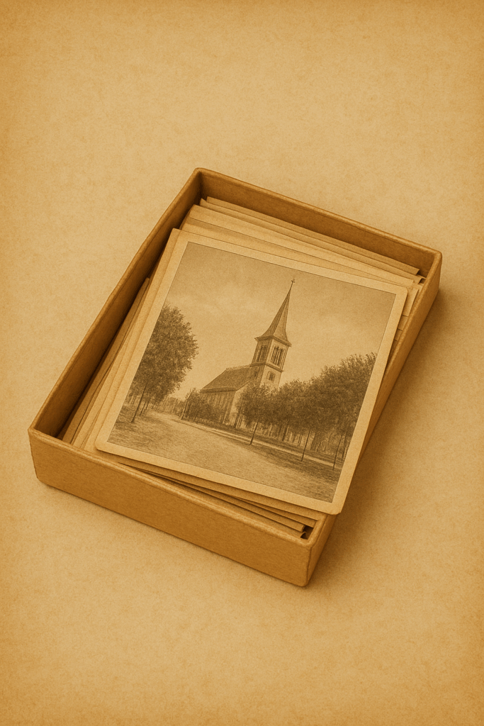Boîte de cartes postales anciennes. Illustration générée par intelligence artificielle (DALL·E, OpenAI). Cette image n’est pas protégée par les droits d’auteure, mais reste soumise aux conditions d’utilisation du système.