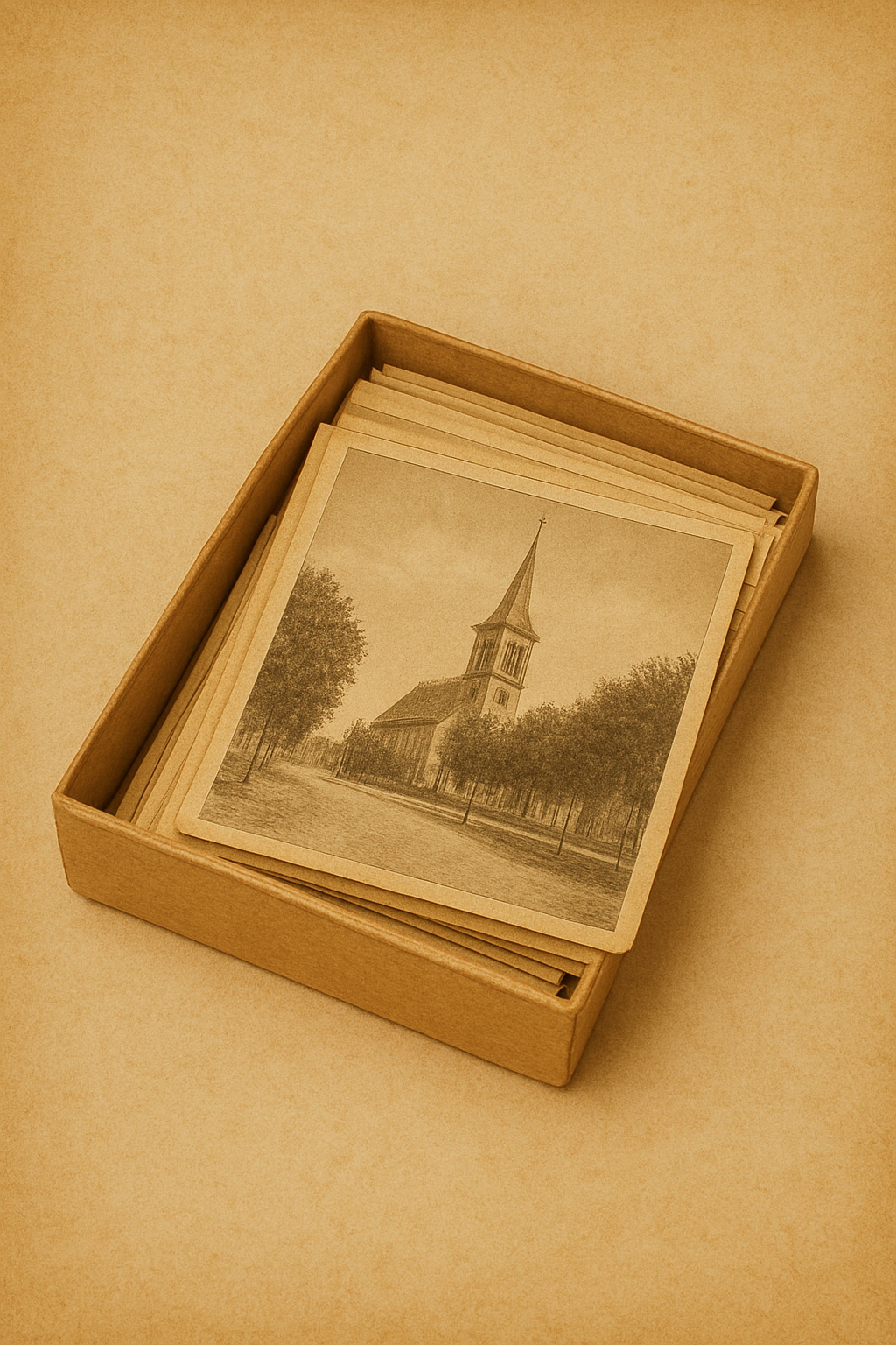 Boîte de cartes postales anciennes. Illustration générée par intelligence artificielle (DALL·E, OpenAI). Cette image n’est pas protégée par les droits d’auteure, mais reste soumise aux conditions d’utilisation du système.