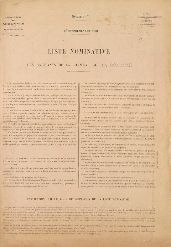Archives départementales des Ardennes, EDEPOT/ROMAGNE[LA]/F 1 [série EDEPOT = archives communales déposées, sous-série ROMAGNE[LA]/ F 1 = population. - Dénombrement : listes nominatives, 1911-1936, année 1931.], vue 1/11, consultable en ligne.