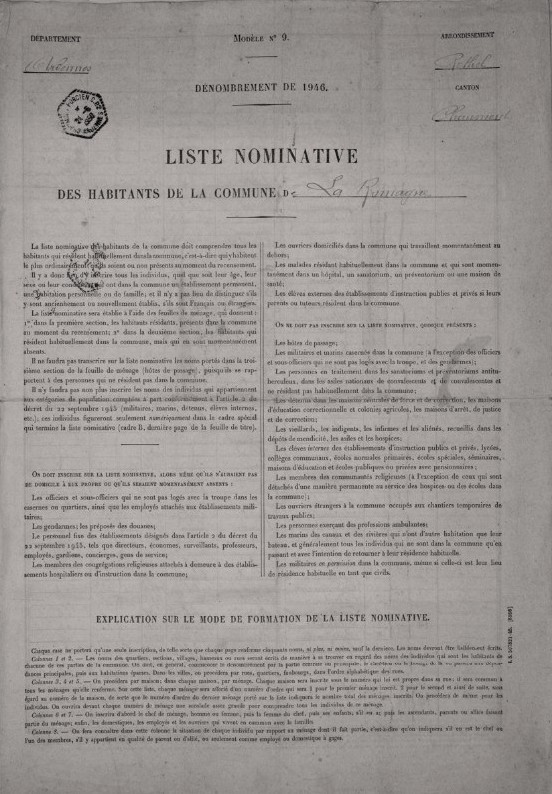 Archives départementales des Ardennes, 30W 15 : recensement de la population de La Romagne, année 1946 [série W = archives publiques entrées par voie ordinaire postérieures au 10 juillet 1940 (hors état civil, officiers publics et ministériels) ; dossiers individuels, questionnaires d’enquête, listes nominatives.], vue 1/7, consultable en ligne.