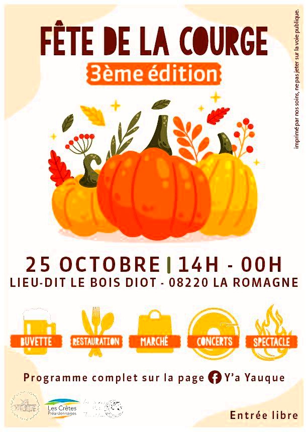 🎃 3ᵉ Fête de la Courge au Bois Diot à La Romagne (Ardennes) — un rendez-vous convivial organisé par Y’a Yauque et l’Office de tourisme des Crêtes préardennaises, aux Jardins entre Terre et Lune.