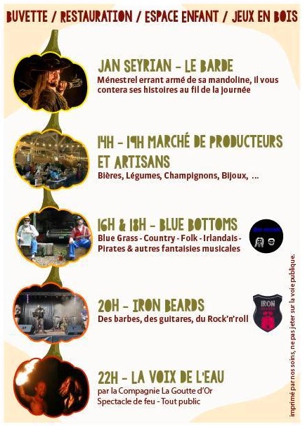 Plus d’une vingtaine de producteurs et artisans locaux y participent. La journée est animée par des concerts, la présence d’un barde, une soirée rock’n’roll et le spectacle de feu « La Voix de l’eau ».
Restauration et buvette locales créent une ambiance conviviale, mettant en valeur le patrimoine agricole et les talents du territoire ardennais.