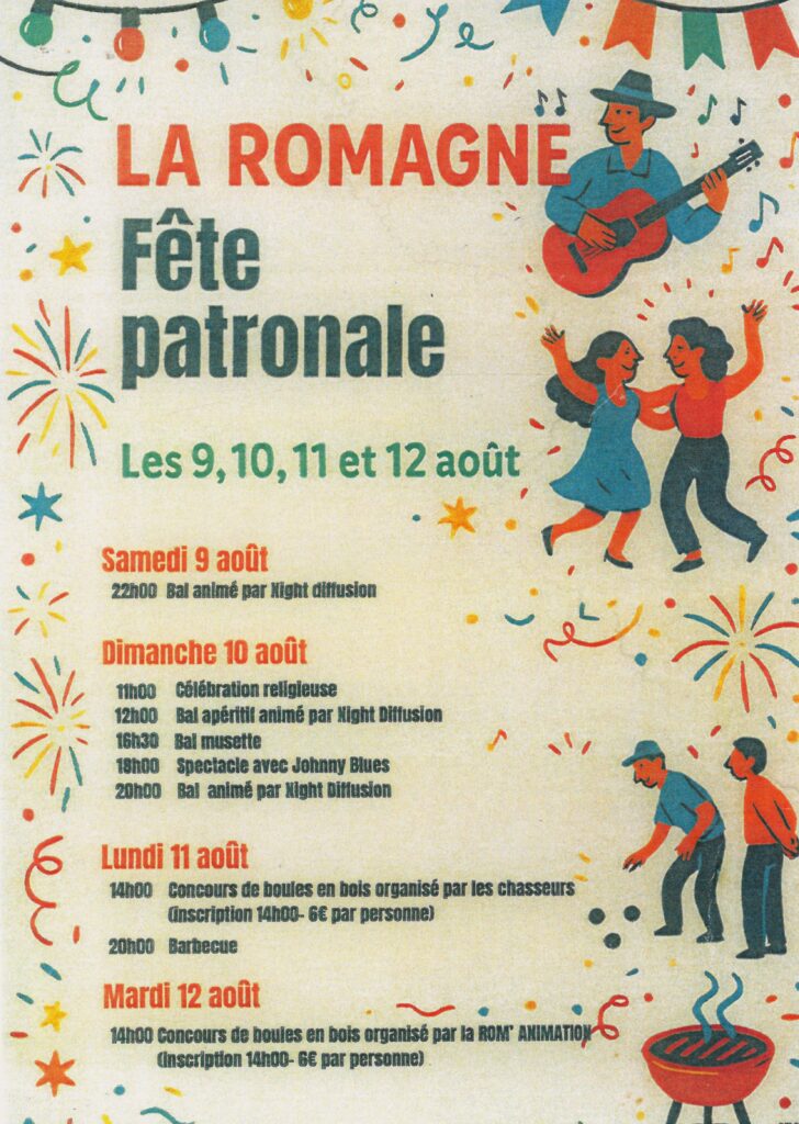 La fête patronale de La Romagne (Ardennes), qui s’est tenue du samedi 9 au mardi 12 août 2025, a rassemblé habitants et visiteurs autour de trois jours de festivités variées. Les soirées dansantes ont été animées par Night Diffusion, avec un bal apéritif et un bal musette, tandis que la célébration religieuse a permis aux participants de se retrouver autour de la foi locale.
Le spectacle de Johnny Blues, sosie vocal et scénique de Johnny Hallyday, accompagné du guitariste Didier Darbon, a séduit le public par son hommage au rock’n’roll et au blues. Les boulistes ont pu prendre part à deux concours de boules en bois, organisés par les chasseurs et l’association Rom’animation.