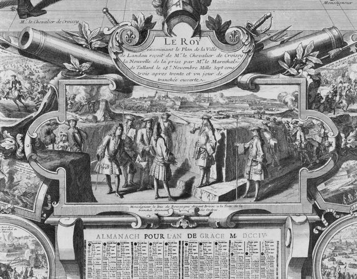 Le duc de Bourgogne devant Brisach en 1703, Jean Langlois (1649 ?-1712 ?), burin, 88,5 × 57,3 cm, numéro d’inventaire invgravures1670, Versailles (Yvelines), châteaux de Versailles et de Trianon, © GrandPalaisRmn / image GrandPalaisRmn. Almanach illustré représentant la guerre sous Louis XIV. Le roi examine le plan de la ville de Landau et reçoit de monsieur le chevalier de Croissy la nouvelle de la prise par le maréchal de Tallard le 18 novembre 1703. Le duc de Bourgogne est représenté devant Brisach [Nota bene : Landau in der Pfalz (ville-arrondissement de Landau in der Pfalz, Land de Rhénanie-Palatinat) est une ville allemande à ne pas confondre avec Landau an der Isar (arrondissement de Dingolfing-Landau, district de Basse-Bavière, Land de Bavière). D’autre part, Breisach am Rhein (arrondissement de Brisgau-Haute-Forêt-Noire, district de Fribourg-en-Brisgau, Land de Bade-Wurtemberg), est une ville allemande appelée Vieux-Brisach par les Français pour la distinguer de Neuf-Brisach, commune française située actuellement dans le département du Haut-Rhin, en région Grand Est.], notice descriptive consultable en ligne.