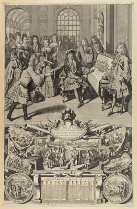 Almanach pour l'année 1704, Jean Langlois (1649 ?-1712 ?), burin, 88,5 × 57,3 cm, numéro d’inventaire invgravures1670, Versailles (Yvelines), châteaux de Versailles et de Trianon, © GrandPalaisRmn / Franck Raux. Almanach illustré représentant la guerre sous Louis XIV. Le roi examine le plan de la ville de Landau et reçoit de monsieur le chevalier de Croissy la nouvelle de la prise par le maréchal de Tallard le 18 novembre 1703. [Nota bene : Landau in der Pfalz (ville-arrondissement de Landau in der Pfalz, Land de Rhénanie-Palatinat) est une ville allemande à ne pas confondre avec Landau an der Isar (arrondissement de Dingolfing-Landau, district de Basse-Bavière, Land de Bavière).], notice descriptive consultable en ligne.
