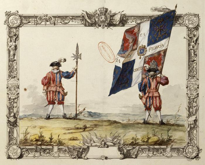 Cent-Suisses du roi : soldat avec hallebarde et porte-étendard, planche 64 du tome III de Gardes du corps, chevau-légers, mousquetaires, gendarmerie, vers 1721, Jacques-Antoine Delaistre (1690-1765), estampe rehaussée d’aquarelle et de gouache, dessin à la plume sur papier, 41,7 × 54,8 cm, numéro d’inventaire A1J7 ; 10851, Paris (Île-de-France) – musée de l’Armée, © Paris (Île-de-France) – musée de l’Armée, dist. GrandPalaisRmn / image musée de l’Armée, notice descriptive consultable en ligne.