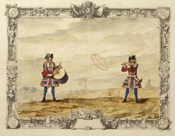 Cent-Suisses du roi : tambour et joueur de flûte, planche 63 du tome III de Gardes du corps, chevau-légers, mousquetaires, gendarmerie, vers 1721, Jacques-Antoine Delaistre (1690-1765), estampe rehaussée d’aquarelle et de gouache, dessin à la plume sur papier, 41,7 × 54,8 cm, numéro d’inventaire A1J7 ; 10851, Paris (Île-de-France) – musée de l’Armée, © Paris (Île-de-France) – musée de l’Armée, dist. GrandPalaisRmn / image musée de l’Armée, notice descriptive consultable en ligne.