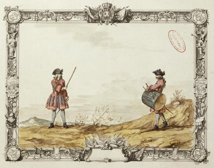 « Chef de musique » et tambour du régiment de Champagne, planche 60 du tome I d’Infanterie et gardes françaises, vers 1721, Jacques-Antoine Delaistre (1690-1765), estampe rehaussée d’aquarelle et de gouache, dessin à la plume sur papier, 41,7 × 54,8 cm, numéro d’inventaire A1J7 ; 10849, Paris (Île-de-France) – musée de l’Armée, © Paris (Île-de-France) – musée de l’Armée, dist. GrandPalaisRmn / image musée de l’Armée, notice descriptive consultable en ligne.