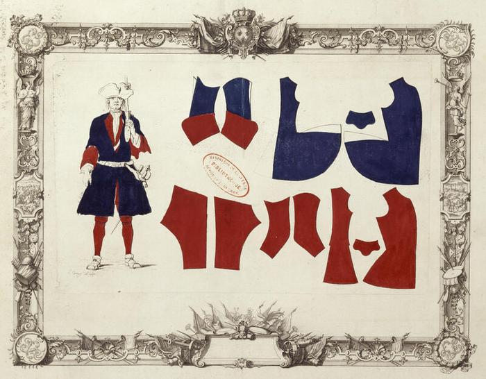 Coupe de l'uniforme d'un soldat, planche 10 du tome II d’Infanterie et gardes françaises, vers 1721, Jacques-Antoine Delaistre (1690-1765), estampe rehaussée de gouache, aquarelle et dessin à la plume sur papier, 41,7 × 54,8 cm, définition 5 24 cm, numéro d’inventaire A1J7 ; 10850, Paris (Île-de-France) – musée de l’Armée, © Paris (Île-de-France) – musée de l’Armée, dist. GrandPalaisRmn / image musée de l’Armée, notice descriptive consultable en ligne.