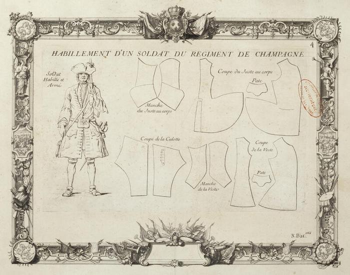 Coupe de l'uniforme d'un soldat du régiment de Champagne, planche 62 du tome I d’Infanterie et gardes françaises, vers 1721, Jacques-Antoine Delaistre (1690-1765), estampe rehaussée d’aquarelle et de gouache, dessin à la plume sur papier, 41,7 × 54,8 cm, numéro d’inventaire A1J7 ; 10849, Paris (Île-de-France) – musée de l’Armée, © Paris (Île-de-France) – musée de l’Armée, dist. GrandPalaisRmn / image musée de l’Armée, notice descriptive consultable en ligne.