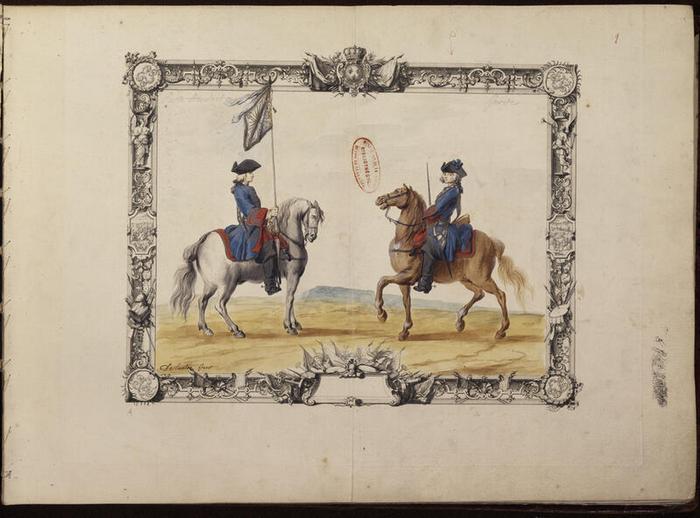 Deux gardes du corps de la compagnie de Noailles, à cheval, dont un porte-étendard, planche 9 du tome III de Gardes du corps, chevau-légers, mousquetaires, gendarmerie, vers 1721, Jacques-Antoine Delaistre (1690-1765) et Robert-Alexandre d’Hermand (1674-1739), aquarelle, gouache et encre sur papier, 47 × 64,5 cm, numéro d’inventaire 10851-15 BIB, Paris (Île-de-France) – musée de l’Armée, © Paris (Île-de-France) – musée de l’Armée, dist. GrandPalaisRmn / image musée de l’Armée, notice descriptive consultable en ligne.