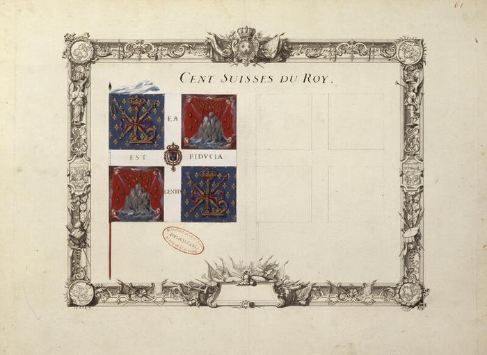 Drapeaux des Cent-Suisses du roi, planche 61 du tome III de Gardes du corps, chevau-légers, mousquetaires, gendarmerie, vers 1721, Jacques-Antoine Delaistre (1690-1765), estampe avec aquarelle et gouache sur papier, 41,7 × 54,8 cm, numéro d’inventaire A1J7 ; 10851, Paris (Île-de-France) – musée de l’Armée, © Paris (Île-de-France) – musée de l’Armée, dist. GrandPalaisRmn / image musée de l’Armée, notice descriptive consultable en ligne.