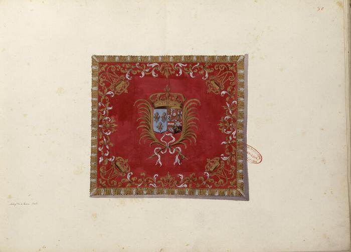 Etendard du régiment de la Reine, planche 80 du tome III de Gardes du corps, chevau-légers, mousquetaires, gendarmerie, vers 1721, Jacques-Antoine Delaistre (1690-1765), estampe et dessin à la plume sur papier, 41,7 × 54,8 cm, numéro d’inventaire A1J7 ; 10851, Paris (Île-de-France) – musée de l’Armée, © Paris (Île-de-France) – musée de l’Armée, dist. GrandPalaisRmn / image musée de l’Armée, notice descriptive consultable en ligne.