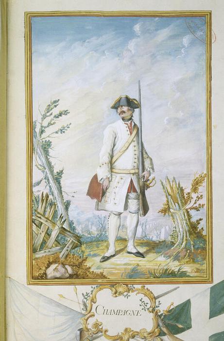 Fantassin du régiment de Champagne, planche 2 page 7 de Troupes du roi, infanterie française et étrangère, année 1757, tome I, anonyme français, 18ᵉ siècle, aquarelle et gouache sur papier, 50,5 × 36 cm, numéro d’inventaire 10858 BIB ; A1J12, Paris (Île-de-France) – musée de l’Armée, © Paris (Île-de-France) – musée de l’Armée, dist. GrandPalaisRmn / image musée de l’Armée, notice descriptive consultable en ligne.