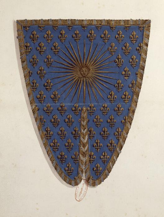 Guidon du régiment Royal-Dragons, planche 36 du tome V d’Infanterie et gardes françaises, vers 1721, Jacques-Antoine Delaistre (1690-1765), estampe rehaussée d’aquarelle, gouache et rehauts d’or, dessin à la plume sur papier, 41,7 × 54,8 cm, numéro d’inventaire A1J7 ; 10853, Paris (Île-de-France) – musée de l’Armée, © Paris (Île-de-France) – musée de l’Armée, dist. GrandPalaisRmn / image musée de l’Armée, notice descriptive consultable en ligne.