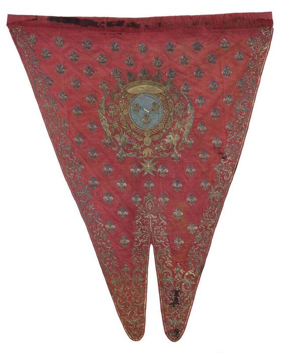 Guidon du régiment de Condé-Dragons, 1776, textile, 100 × 118 cm, numéro d’inventaire 2018.48.1, Paris (Île-de-France), musée de l’Armée, © Paris (Île-de-France) – musée de l’Armée, dist. GrandPalaisRmn / Émilie Cambier, notice descriptive consultable en ligne, notice descriptive consultable en ligne.
