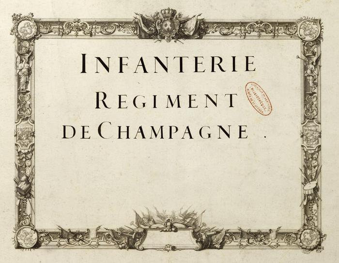 Infanterie : régiment de Champagne, page de titre, planche 55 du tome I d’Infanterie et gardes françaises, vers 1721, Jacques-Antoine Delaistre (1690-1765), estampe sur papier, 41,7 × 54,8 cm, numéro d’inventaire A1J7 ; 10849, Paris (Île-de-France) – musée de l’Armée, © Paris (Île-de-France) – musée de l’Armée, dist. GrandPalaisRmn / image musée de l’Armée, notice descriptive consultable en ligne.