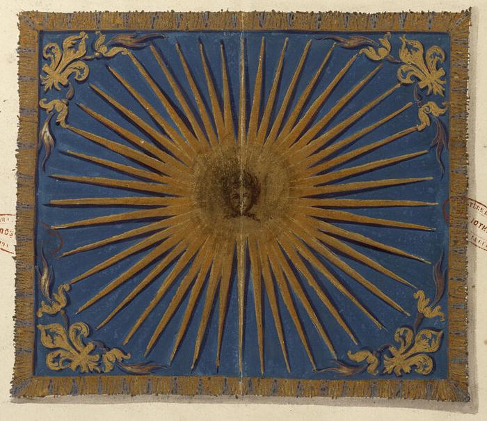 Maison du roi : étendard du régiment du Roi, planche 105 du tome III de Gardes du corps, chevau-légers, mousquetaires, gendarmerie, vers 1721, Jacques-Antoine Delaistre (1690-1765), estampe rehaussée d’aquarelle et de gouache, dessin à la plume sur papier, 41,7 × 54,8 cm, numéro d’inventaire A1J7 ; 10851, Paris (Île-de-France) – musée de l’Armée, © Paris (Île-de-France) – musée de l’Armée, dist. GrandPalaisRmn / image musée de l’Armée, notice descriptive consultable en ligne.