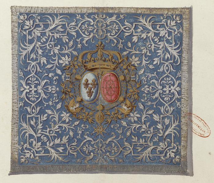 Maison du roi : étendard, planche 14 du tome III de Gardes du corps, chevau-légers, mousquetaires, gendarmerie, vers 1721, Jacques-Antoine Delaistre (1690-1765), estampe rehaussée d’aquarelle, de gouache et de dessin à la plume sur papier, 41,7 × 54,8 cm, numéro d’inventaire A1J7 ; 10851, Paris (Île-de-France) – musée de l’Armée, © Paris (Île-de-France) – musée de l’Armée, dist. GrandPalaisRmn / image musée de l’Armée, notice descriptive consultable en ligne.