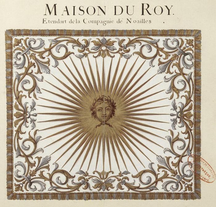 Maison du roi : étendard de la compagnie de Noailles, planche 15 du tome III de Gardes du corps, chevau-légers, mousquetaires, gendarmerie, vers 1721, Jacques-Antoine Delaistre (1690-1765), estampe rehaussée d’aquarelle, de gouache et de dessin à la plume sur papier, 41,7 × 54,8 cm, numéro d’inventaire A1J7 ; 10851, Paris (Île-de-France) – musée de l’Armée, © Paris (Île-de-France) – musée de l’Armée, dist. GrandPalaisRmn / image musée de l’Armée, notice descriptive consultable en ligne.