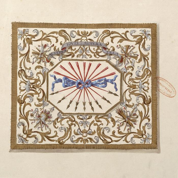 Maison du roi : étendard des mousquetaires, planche 38 du tome III de Gardes du corps, chevau-légers, mousquetaires, gendarmerie, vers 1721, Jacques-Antoine Delaistre (1690-1765), estampe rehaussée d’aquarelle, gouache et dessin à la plume sur papier, 41,7 × 54,8 cm, numéro d’inventaire A1J7 ; 10851, Paris (Île-de-France) – musée de l’Armée, © Paris (Île-de-France) – musée de l’Armée, dist. GrandPalaisRmn / image musée de l’Armée, notice descriptive consultable en ligne.