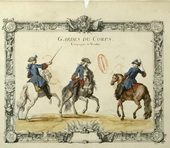 Maison du roi : gardes du corps à cheval de la compagnie de Noailles, planche 8 du tome III de Gardes du corps, chevau-légers, mousquetaires, gendarmerie, vers 1721, Jacques-Antoine Delaistre (1690-1765), estampe avec aquarelle, gouache et dessin à la plume sur papier, 41,7 × 54,8 cm, numéro d’inventaire A1J7 ; 10851, Paris (Île-de-France) – musée de l’Armée, © Paris (Île-de-France) – musée de l’Armée, dist. GrandPalaisRmn / image musée de l’Armée, notice descriptive consultable en ligne.