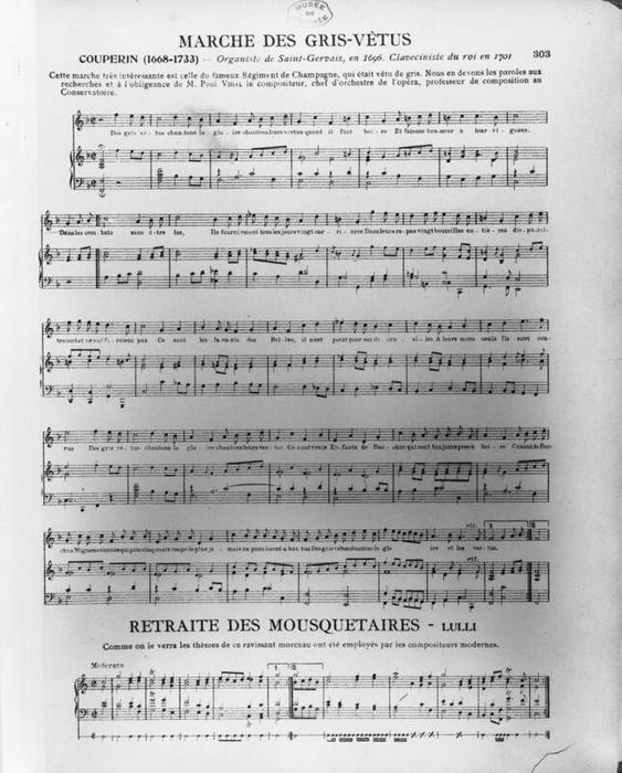 Marche des Gris-Vêtus (régiment de Champagne), page 303 de l’album musical n° 125, supplément de Musica, février 1913, François Couperin (1668-1733), impression sur papier, H. 34 cm, numéro d’inventaire 27170 BIB, Paris (Île-de-France) – musée de l’Armée, © Paris (Île-de-France) – musée de l’Armée, dist. GrandPalaisRmn / Pascal Segrette, notice descriptive consultable en ligne.