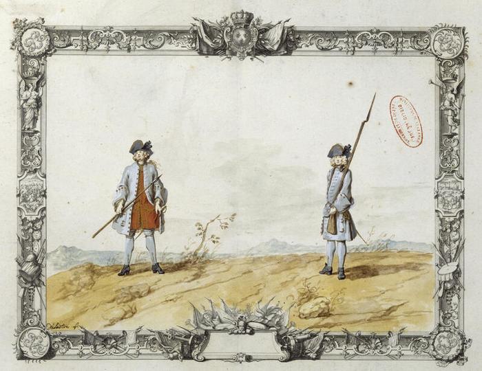 Officier et soldat du régiment de Champagne, planche 58 du tome I d’Infanterie et gardes françaises, vers 1721, Jacques-Antoine Delaistre (1690-1765), estampe rehaussée d’aquarelle et de gouache, dessin à la plume sur papier, 41,7 × 54,8 cm, numéro d’inventaire A1J7 ; 10849, Paris (Île-de-France) – musée de l’Armée, © Paris (Île-de-France) – musée de l’Armée, dist. GrandPalaisRmn / image musée de l’Armée.